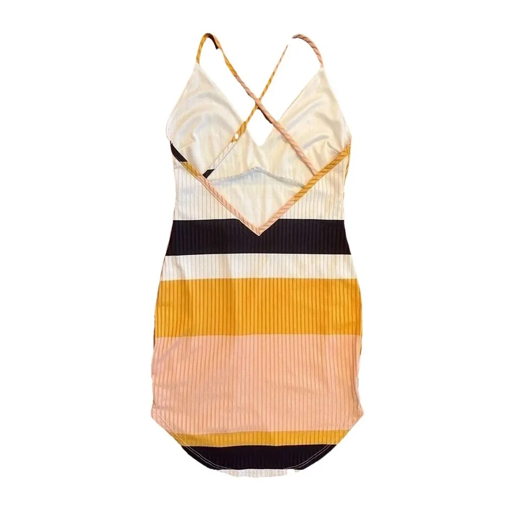 Privy Striped Bodycon Mini Dress Orange‎ Peach Cutout V-Neck Ribbed Size M
